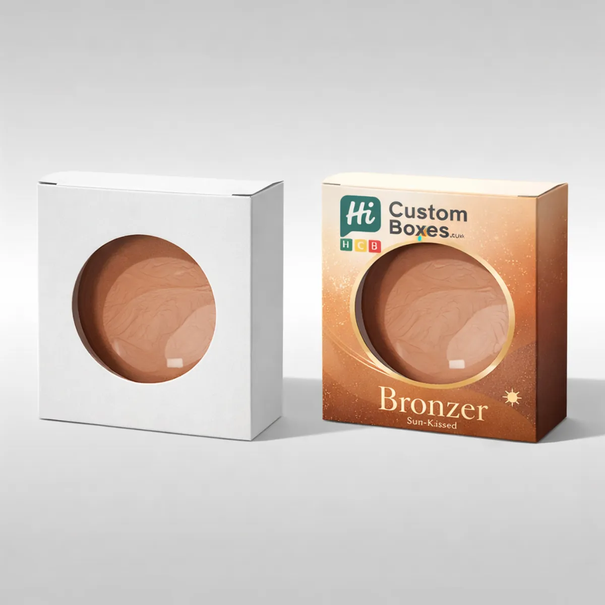 Two square bronzer boxes with circular window cut-outs, showing a sun-kissed powder compact inside.